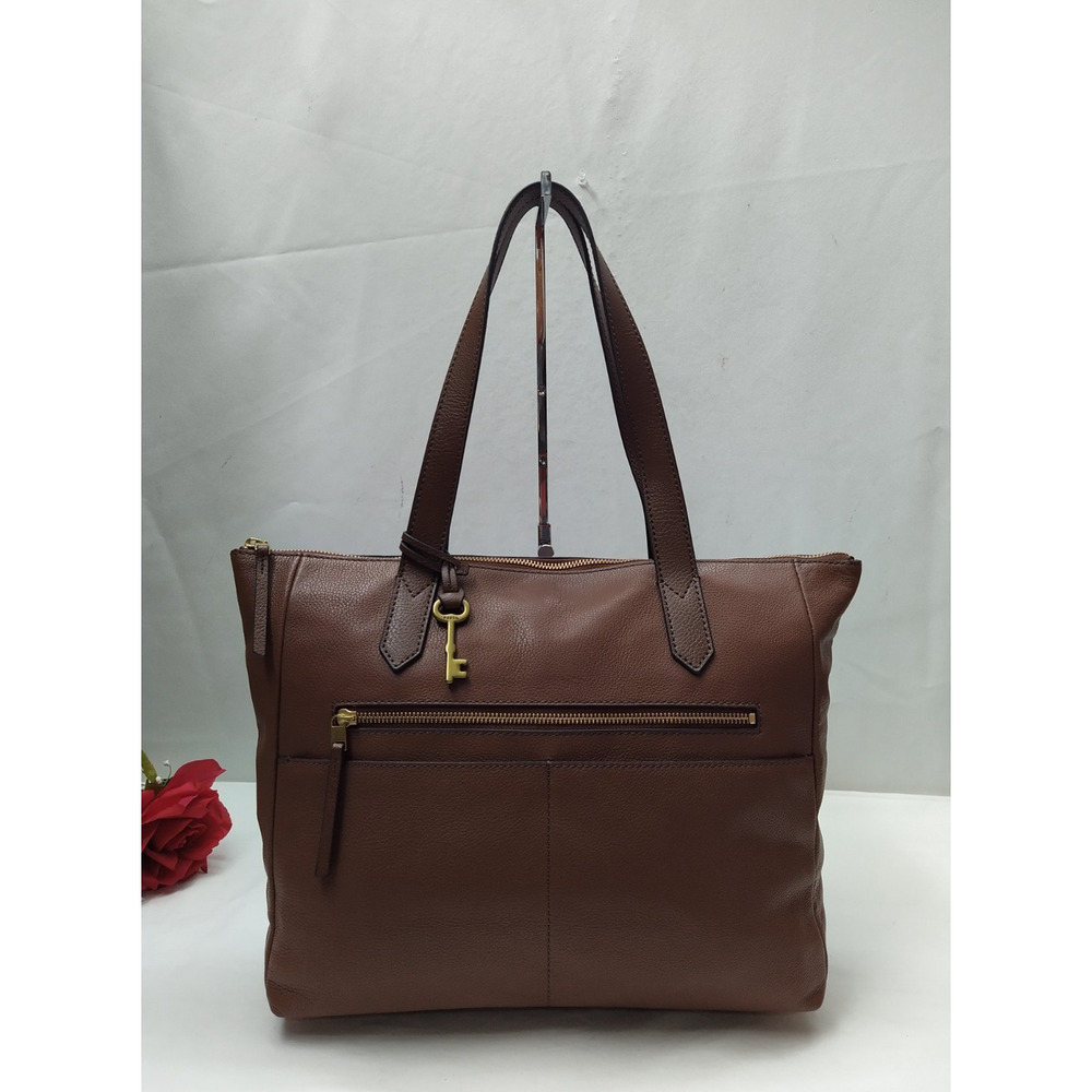 Fossil Brown Leather Double Handles Zipper Tote Bag